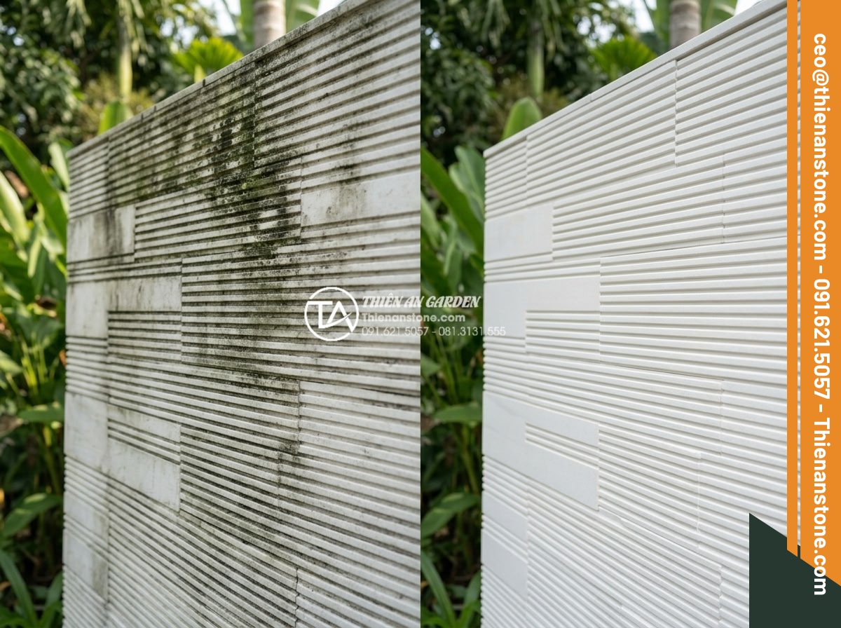Đá răng lược trắng: Sự tinh tế và sang trọng cho phong cách tối giản - Hình 20 Đá răng lược trắng: Sự tinh tế và sang trọng cho phong cách tối giản - Before and after cleaning comparison of white tooth comb stone wall showing main