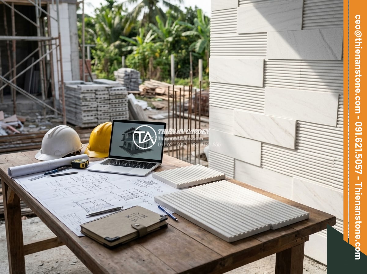 Đá răng lược trắng: Sự tinh tế và sang trọng cho phong cách tối giản - Hình 21 Đá răng lược trắng: Sự tinh tế và sang trọng cho phong cách tối giản - Professional team from Da Canh Thien An company discussing white comb tooth ston