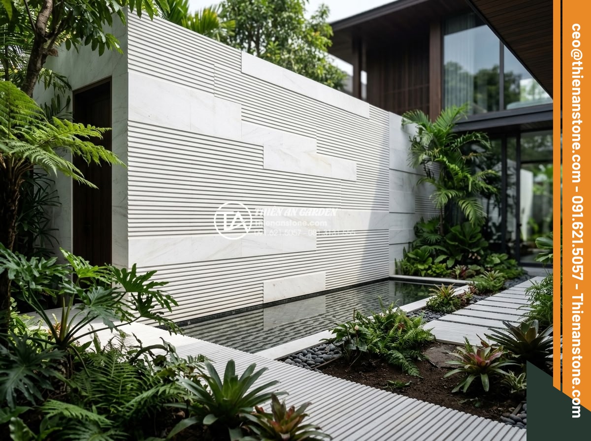 Đá răng lược vàng ốp tường có lỗi thời không? Đánh giá từ chuyên gia - Professional architectural rendering of a luxury garden featuring multiple stone