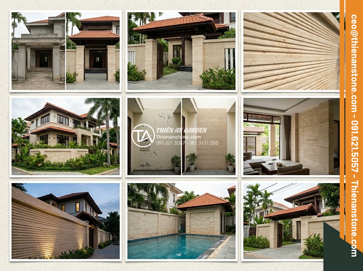 Đá răng lược vàng ốp tường có lỗi thời không? Đánh giá từ chuyên gia - Customer testimonial style photo collage of real Vietnamese villa projects using