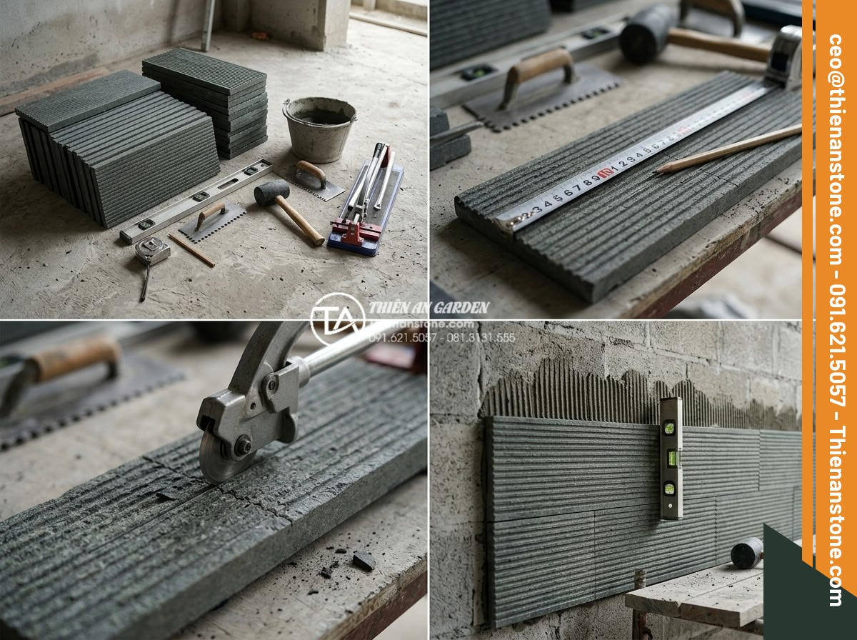 Đá răng lược vàng ốp tường có lỗi thời không? Đánh giá từ chuyên gia - Step-by-step technical diagram and photos of measuring, cutting, and installing 