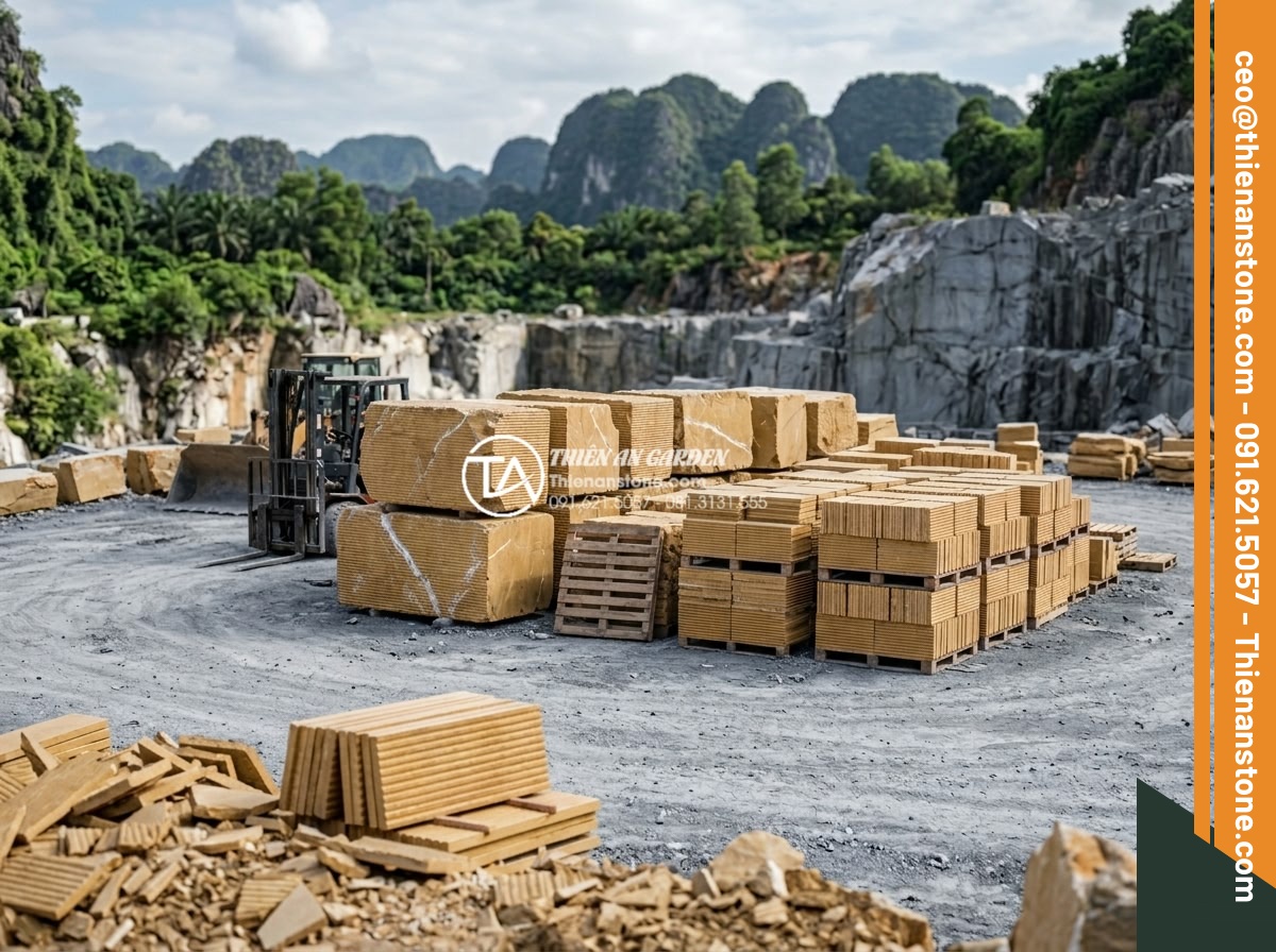 Đá răng lược vàng ốp tường có lỗi thời không? Đánh giá từ chuyên gia - Wide angle shot of freshly quarried yellow comb tooth stone blocks in a Vietname