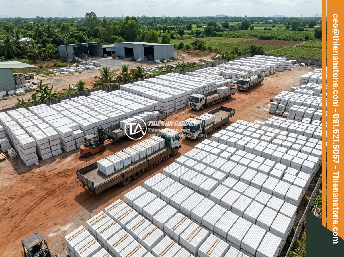 Đá răng lược vàng ốp tường có lỗi thời không? Đánh giá từ chuyên gia - Aerial view of Đá Cảnh Thiên An stone yard with stacks of golden comb tooth ston