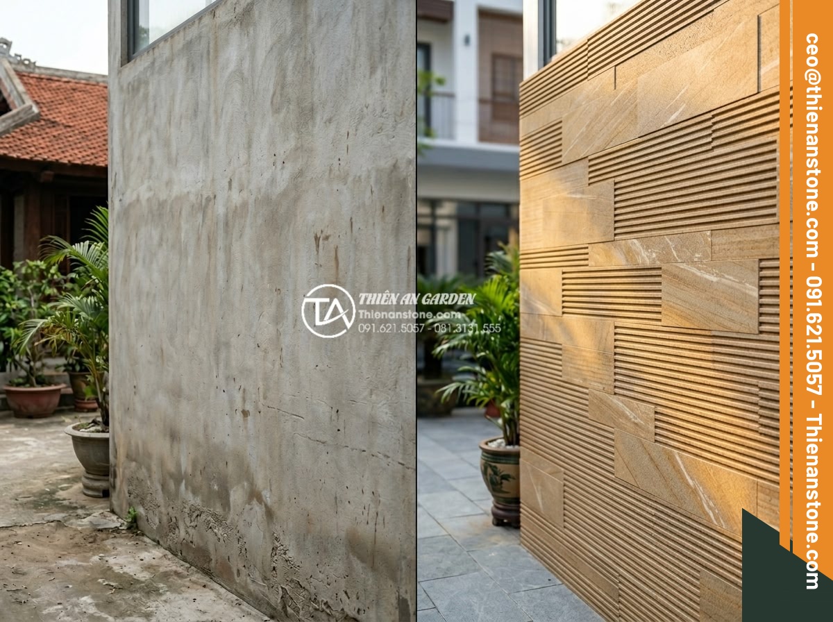 Đá răng lược vàng ốp tường có lỗi thời không? Đánh giá từ chuyên gia - Before and after comparison image of a plain concrete wall transformed into an e