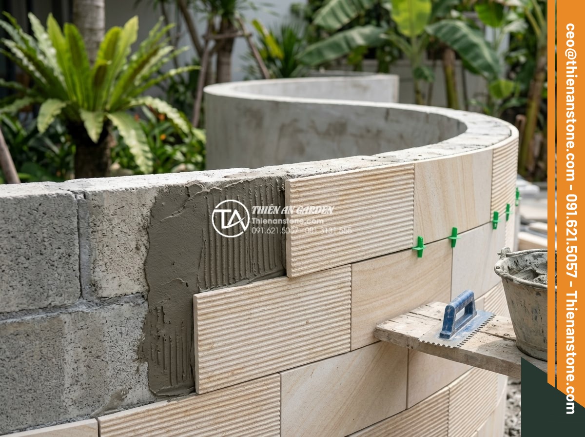 Đá răng lược vàng ốp tường có lỗi thời không? Đánh giá từ chuyên gia - Installation process of yellow comb tooth stone on a curved garden wall, showing