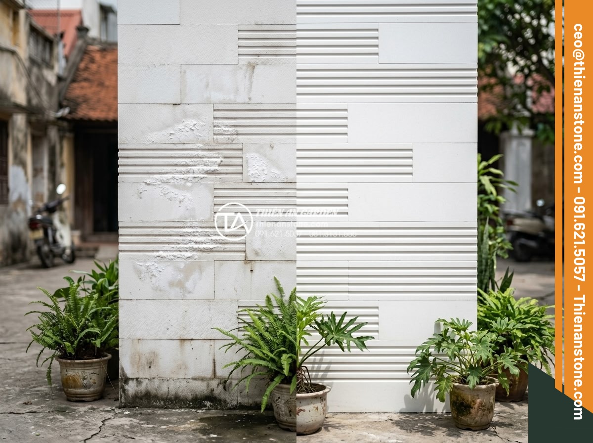 Đá răng lược vàng ốp tường có lỗi thời không? Đánh giá từ chuyên gia - Common issues like minor efflorescence on poorly maintained comb tooth stone wal