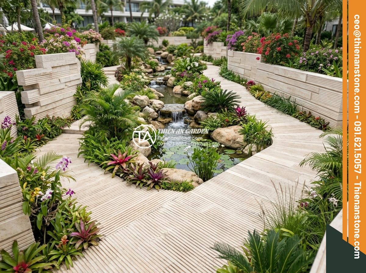 Đá răng lược vàng và xám: Lựa chọn màu sắc đa dạng cho tiểu cảnh - Wide angle view of resort rockery using diverse color comb tooth stones in yello