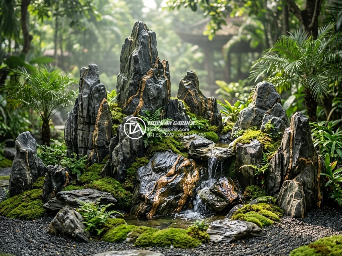 Đá Seiryu trong cảnh quan: Cách sử dụng và phối cảnh chuẩn nghệ thuật Nhật Bản - Japanese style landscape featuring multiple Seiryu stones of varying sizes arran