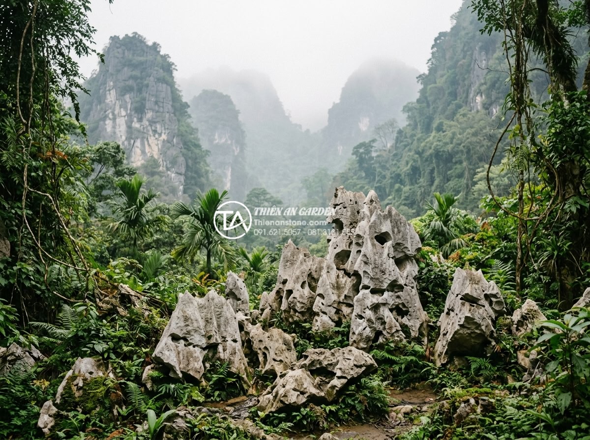 Đá tai mèo Cúc Phương: Nét hoang sơ cho không gian nội thất - Panoramic landscape photo of Cuc Phuong National Park limestone formations with 