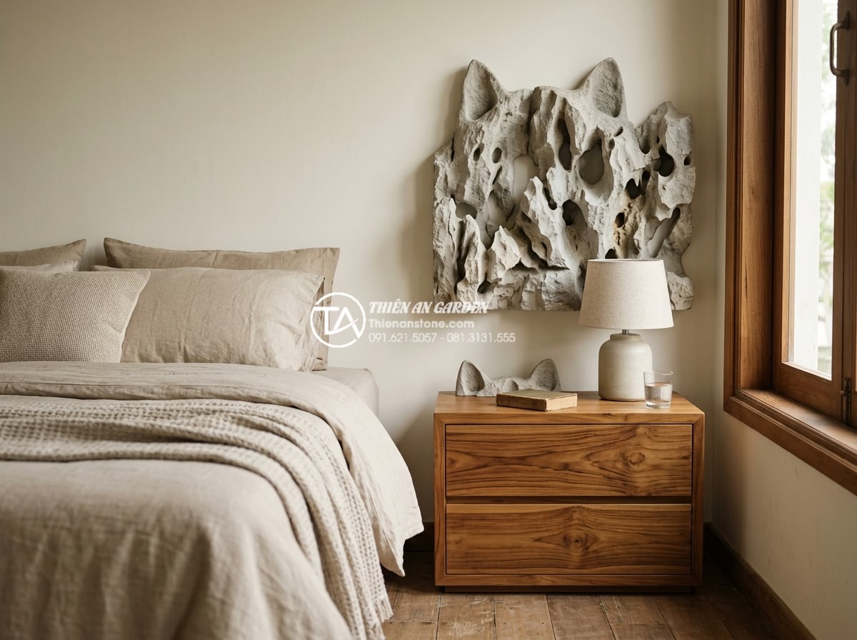 Đá tai mèo Cúc Phương: Nét hoang sơ cho không gian nội thất - Elegant bedroom decor with small cat ear stones integrated into a bedside table 