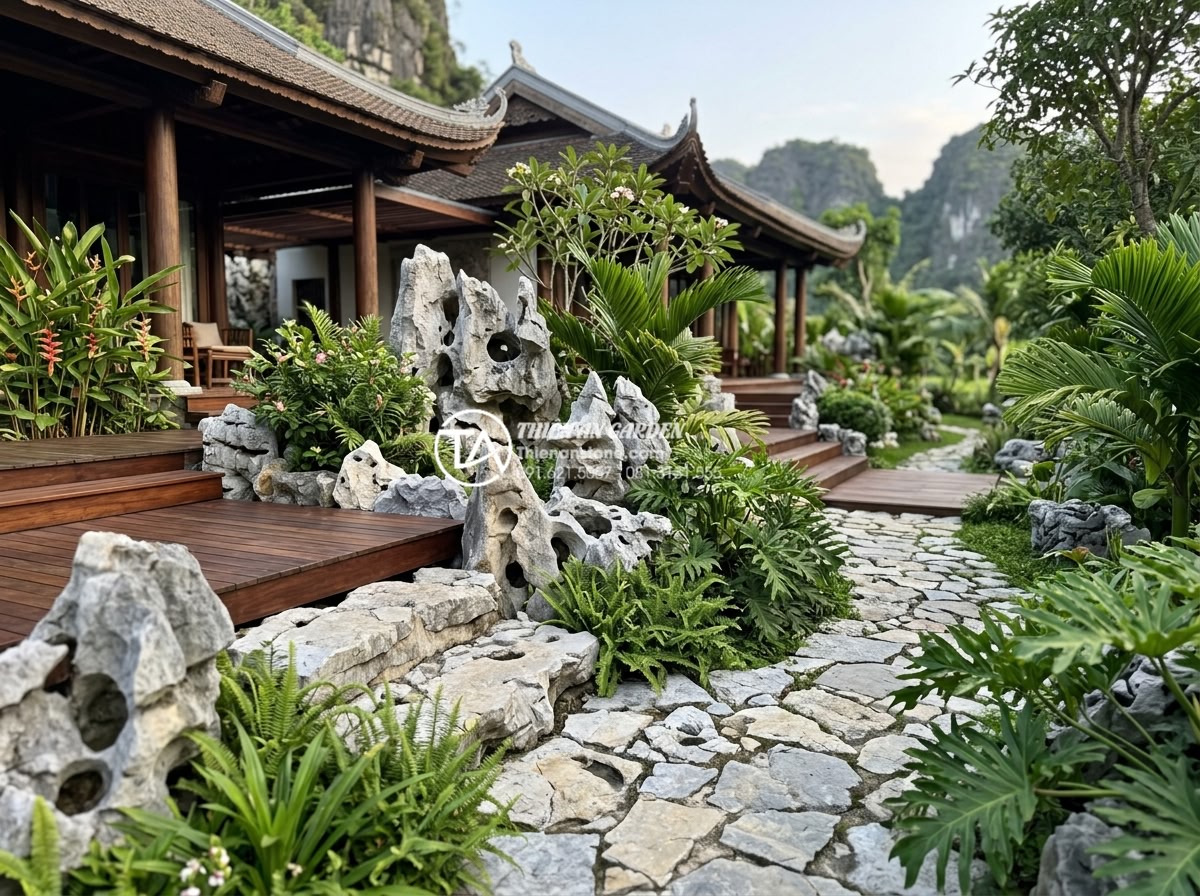 Đá tai mèo Cúc Phương: Nét hoang sơ cho không gian nội thất - Resort-style villa exterior featuring extensive use of cat ear stones in rockery