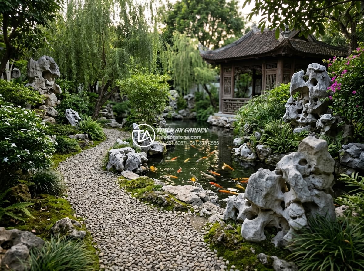 Đá tai mèo vụn: Tận dụng làm giá thể trồng cây và lọc nước - Elegant Vietnamese garden landscape featuring cat ear stone gravel pathways and 