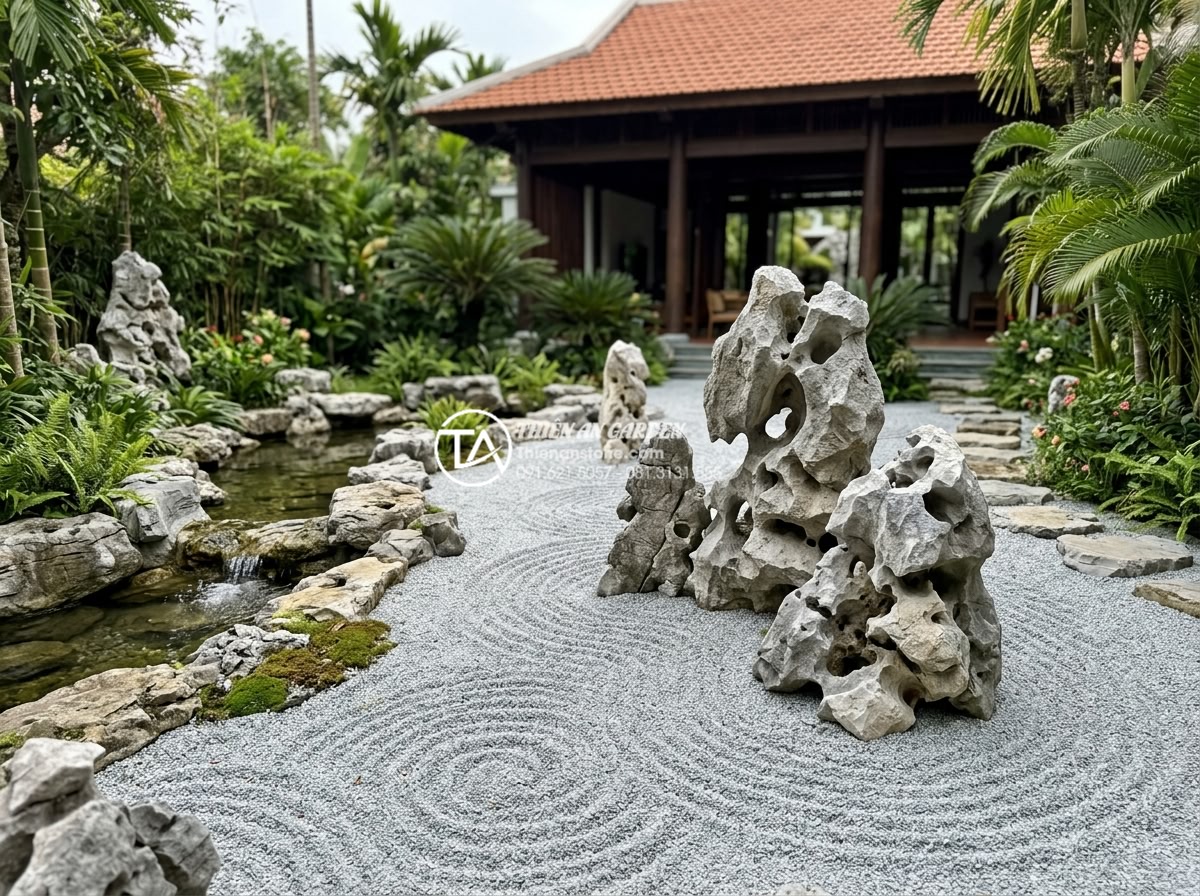 Đá tai mèo vụn: Tận dụng làm giá thể trồng cây và lọc nước - Luxury villa backyard design with cat ear stone gravel used in zen garden style 