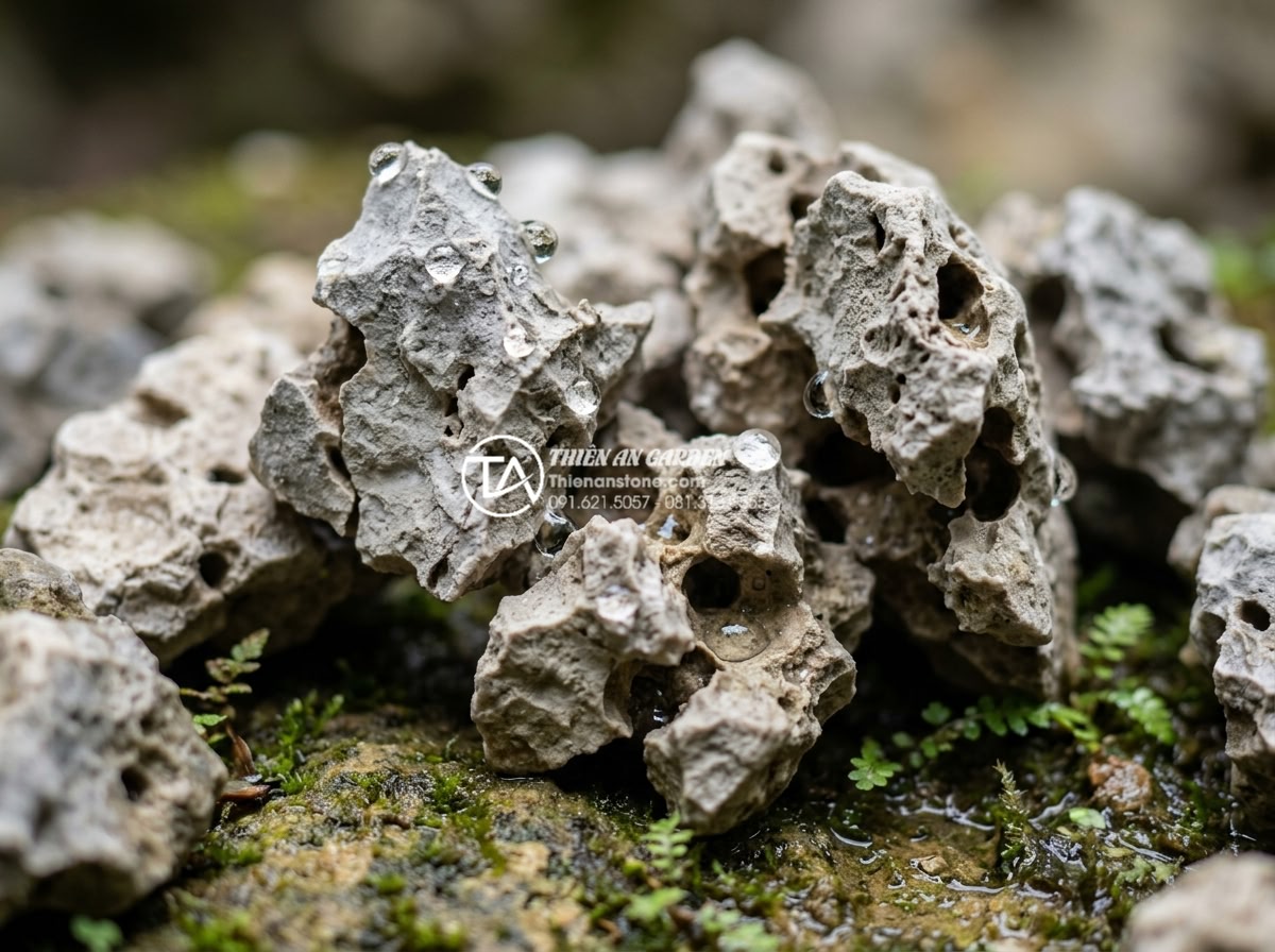 Đá tai mèo vụn: Tận dụng làm giá thể trồng cây và lọc nước - Macro photography of cat ear stone gravel particles showing detailed porous stru