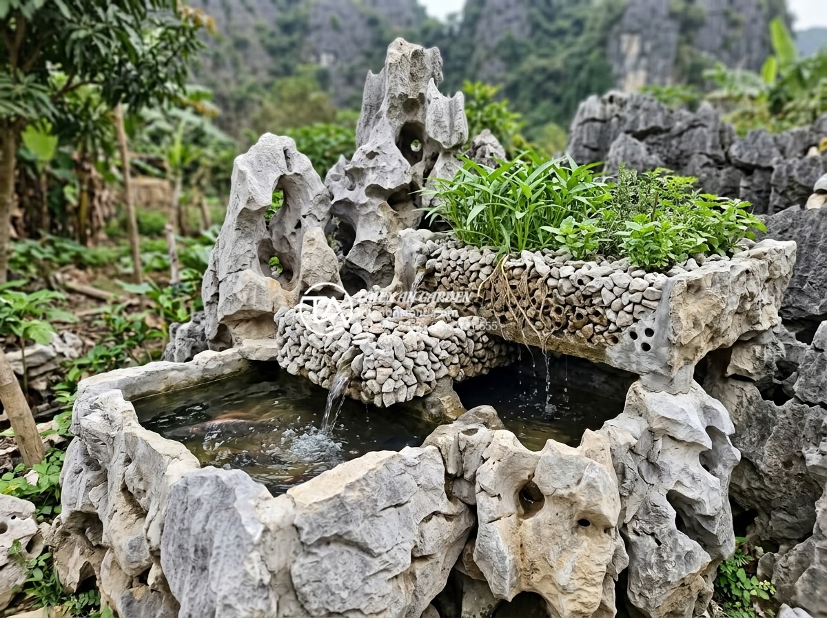 Đá tai mèo vụn: Tận dụng làm giá thể trồng cây và lọc nước - Aquaponics system diagram with cat ear stone gravel as biofilter media supportin