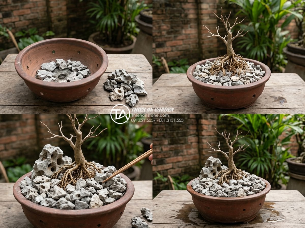 Đá tai mèo vụn: Tận dụng làm giá thể trồng cây và lọc nước - Step-by-step guide illustration showing how to layer cat ear stone gravel in bon