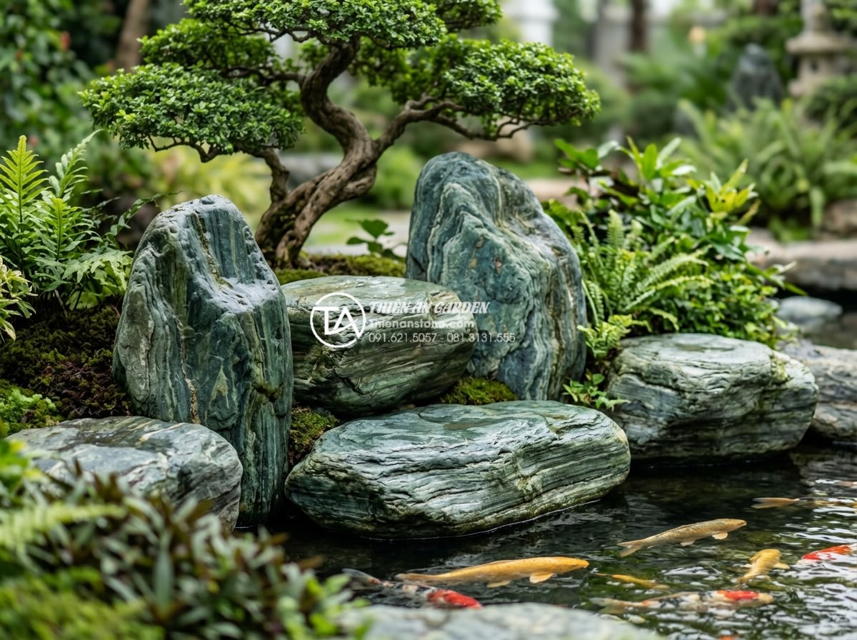 Đá xanh Nhật Bản là gì? Tại sao đây là lựa chọn số 1 cho cảnh quan cao cấp? - Close-up view of natural Japanese green stone blocks with smooth texture and vib