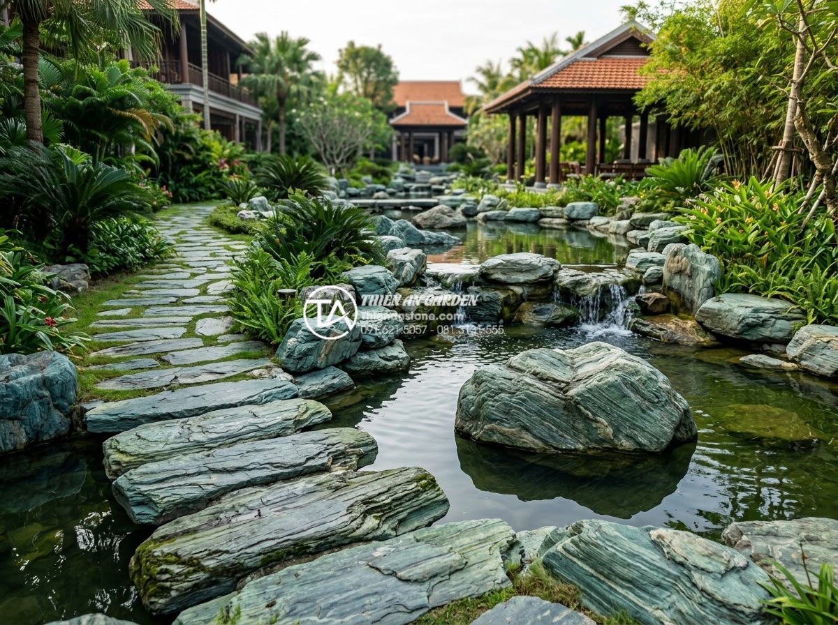 Đá xanh Nhật Bản là gì? Tại sao đây là lựa chọn số 1 cho cảnh quan cao cấp? - Panoramic view of premium resort garden featuring extensive use of natural Japan