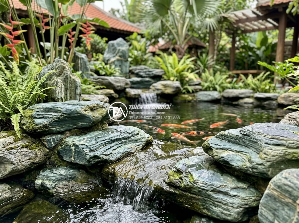Đá xanh Nhật Bản là gì? Tại sao đây là lựa chọn số 1 cho cảnh quan cao cấp? - Creative application of Japanese green stone in koi pond construction with layer