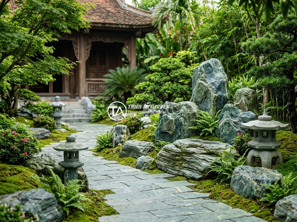 Đá xanh Nhật Bản là gì? Tại sao đây là lựa chọn số 1 cho cảnh quan cao cấp? - Modern Japanese-inspired garden with stone lanterns, green stone boulders, and m