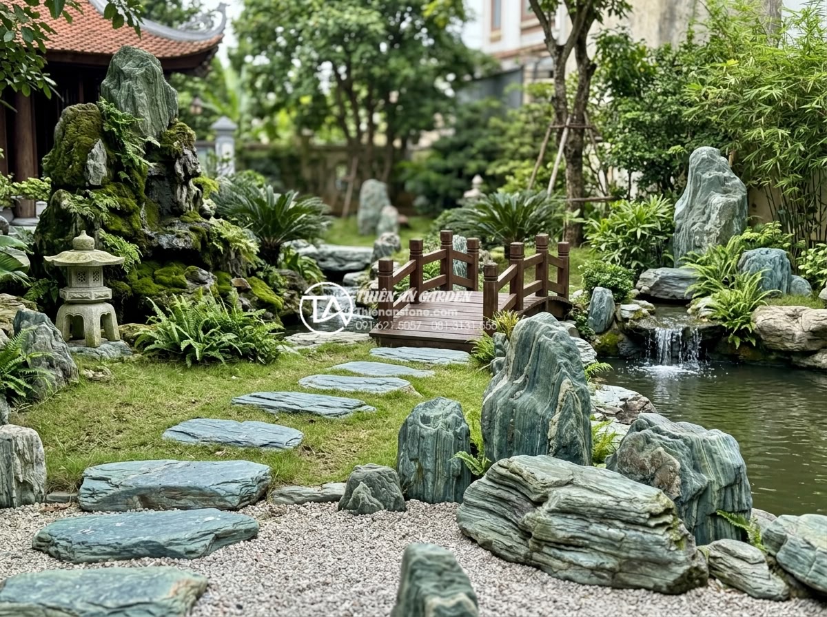 Đá xanh Nhật Bản là gì? Tại sao đây là lựa chọn số 1 cho cảnh quan cao cấp? - Traditional Asian feng shui garden layout incorporating natural Japanese blue st