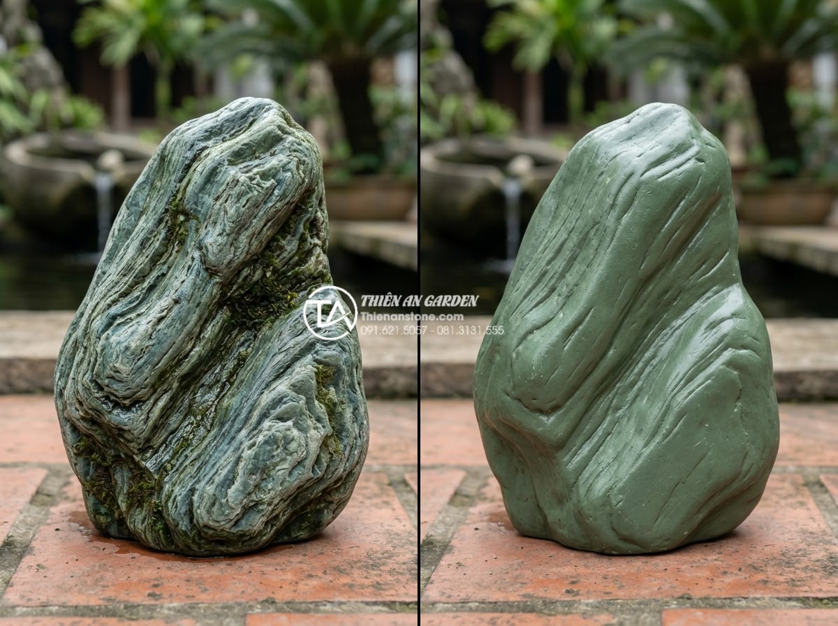 Đá xanh Nhật Bản là gì? Tại sao đây là lựa chọn số 1 cho cảnh quan cao cấp? - Side-by-side comparison of authentic Japanese green stone versus fake imitation 