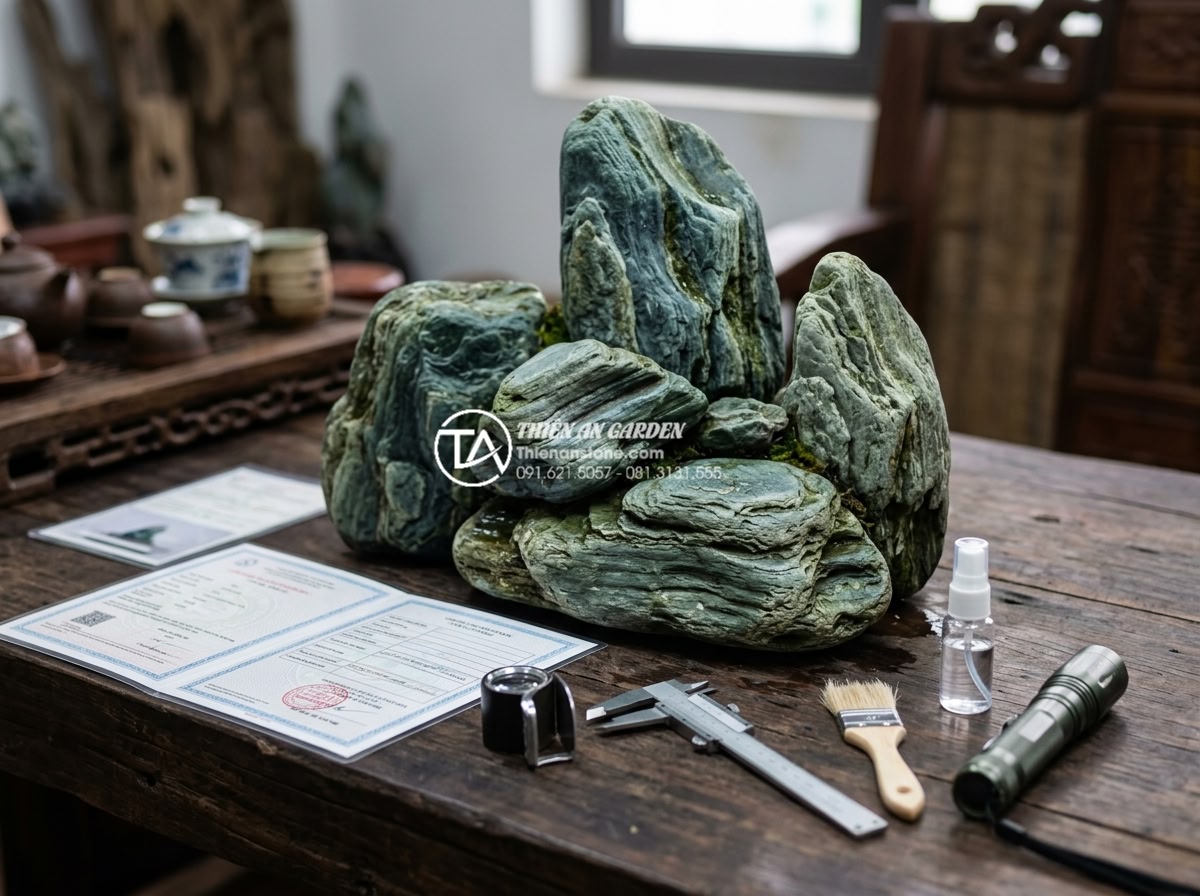 Đá xanh Nhật Bản là gì? Tại sao đây là lựa chọn số 1 cho cảnh quan cao cấp? - Expert inspection process of Japanese green stone authenticity with tools and ce