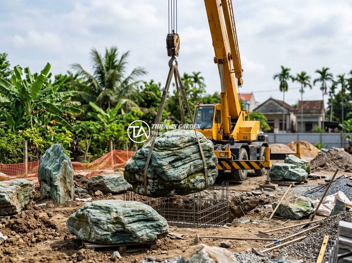 Đá xanh Nhật Bản là gì? Tại sao đây là lựa chọn số 1 cho cảnh quan cao cấp? - Professional construction process of installing large Japanese green stone bould