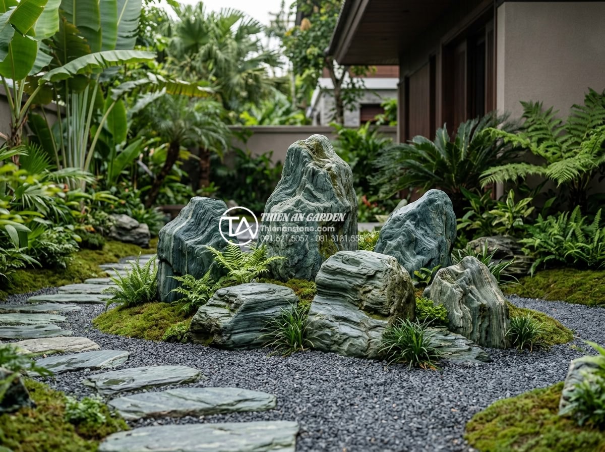 Đá xanh Nhật Bản là gì? Tại sao đây là lựa chọn số 1 cho cảnh quan cao cấp? - Completed professional installation of Japanese green stone in luxury landscape 