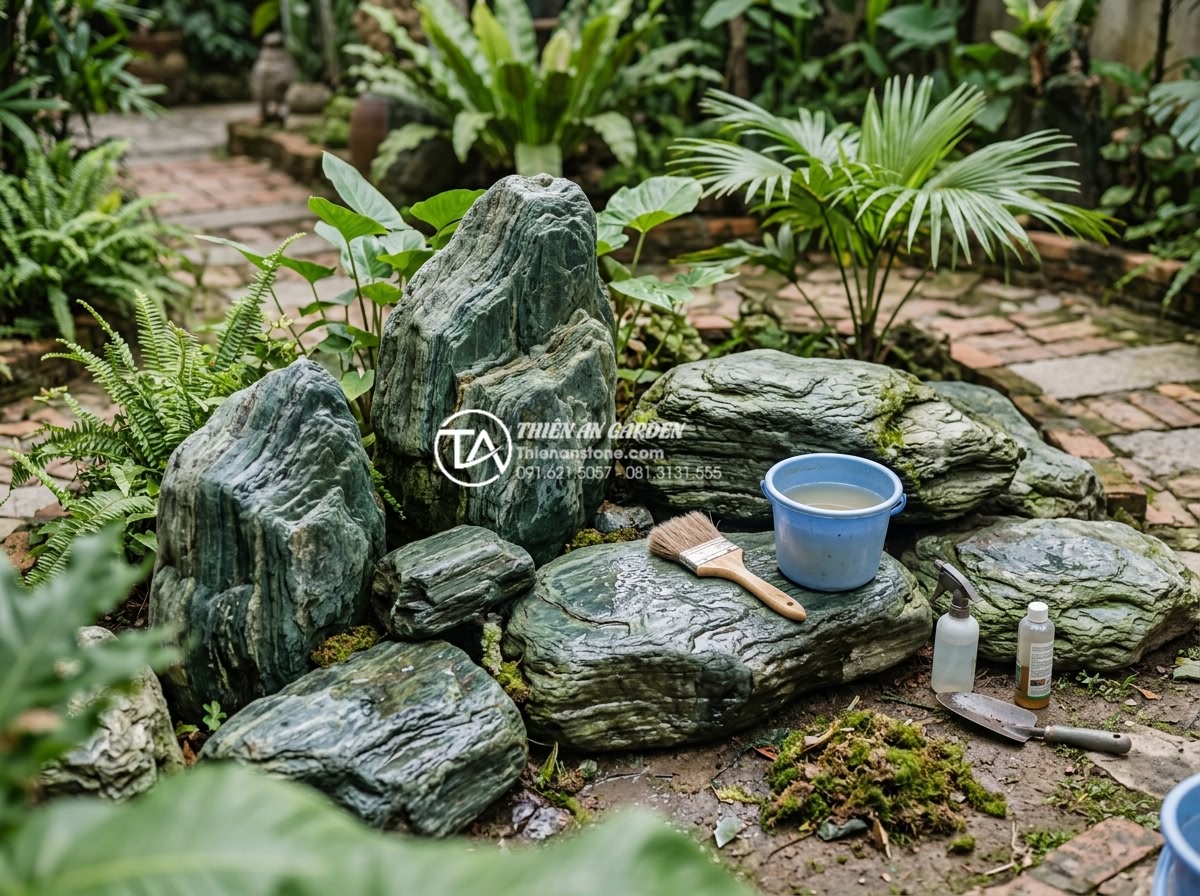 Đá xanh Nhật Bản là gì? Tại sao đây là lựa chọn số 1 cho cảnh quan cao cấp? - Maintenance demonstration on Japanese green stone surface cleaning and long-term