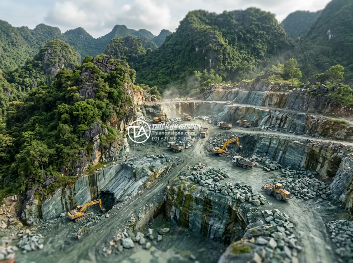 Đá xanh Nhật Bản là gì? Tại sao đây là lựa chọn số 1 cho cảnh quan cao cấp? - Aerial view of Japanese stone quarry in Tochigi province showing natural green s