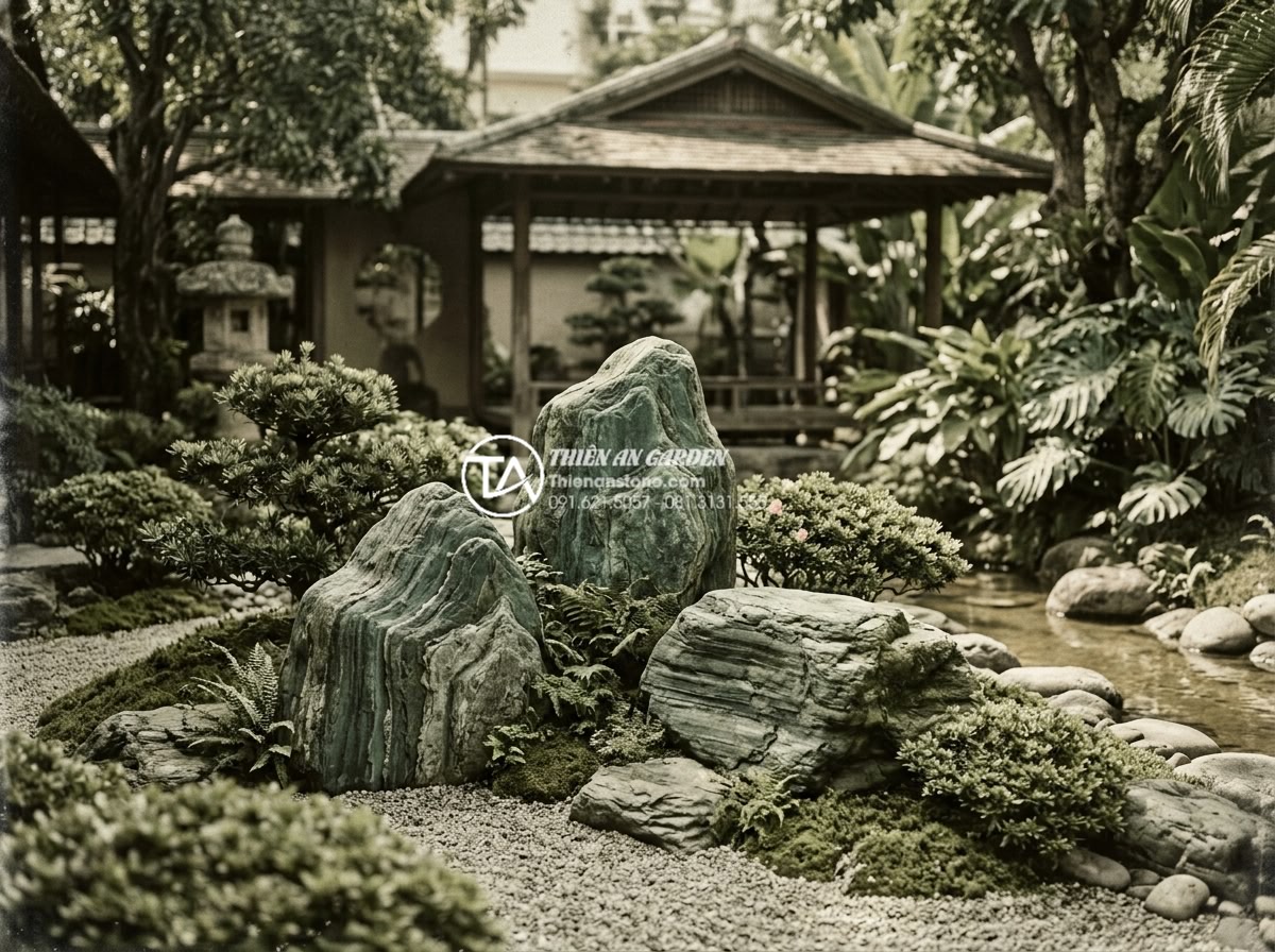 Đá xanh Nhật Bản là gì? Tại sao đây là lựa chọn số 1 cho cảnh quan cao cấp? - Historical photo style image of ancient Japanese garden featuring original green
