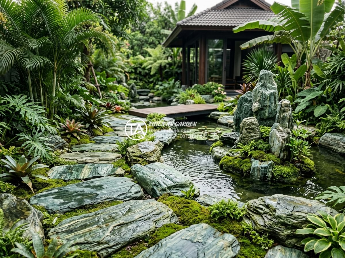 Đá xanh Nhật Bản là gì? Tại sao đây là lựa chọn số 1 cho cảnh quan cao cấp? - Luxury modern garden landscape featuring Japanese green stone pathways, rock for