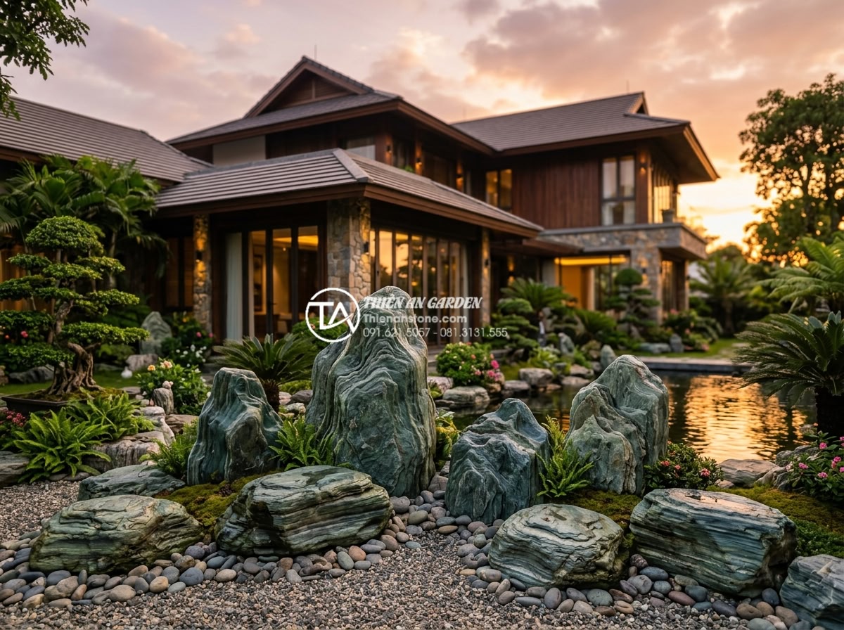 Đá xanh Nhật Bản là gì? Tại sao đây là lựa chọn số 1 cho cảnh quan cao cấp? - High-end luxury villa exterior with prominent Japanese green stone sculptures, r