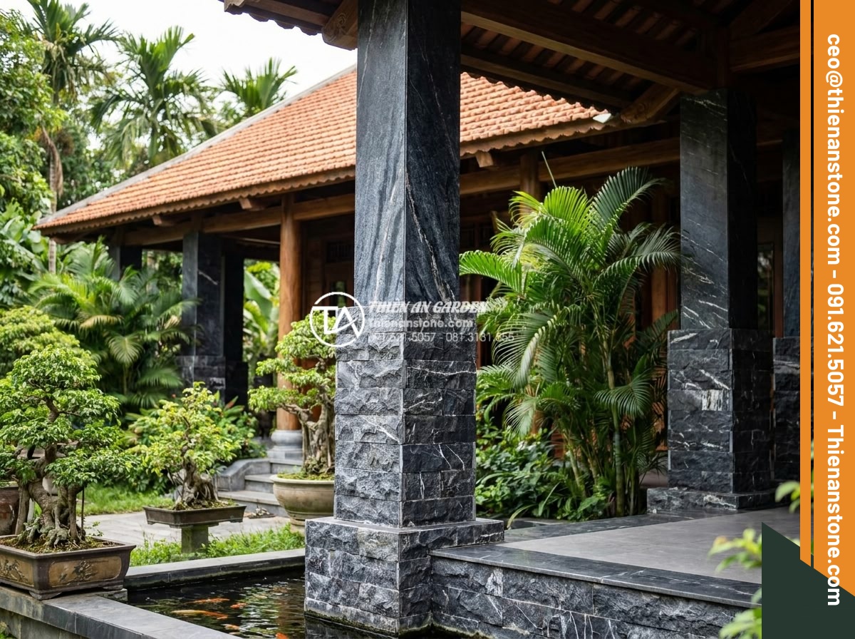 Ghép chỉ đá là gì? 5 ứng dụng tuyệt vời trong trang trí cột và chân tường - Luxurious garden villa exterior featuring natural stone inlay decorations on col