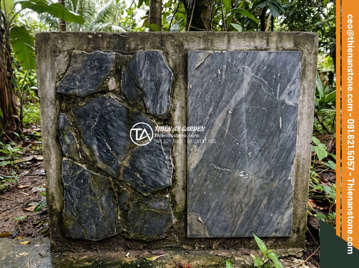Ghép chỉ đá là gì? 5 ứng dụng tuyệt vời trong trang trí cột và chân tường - Comparison close-up of natural stone inlay features versus synthetic materials, 