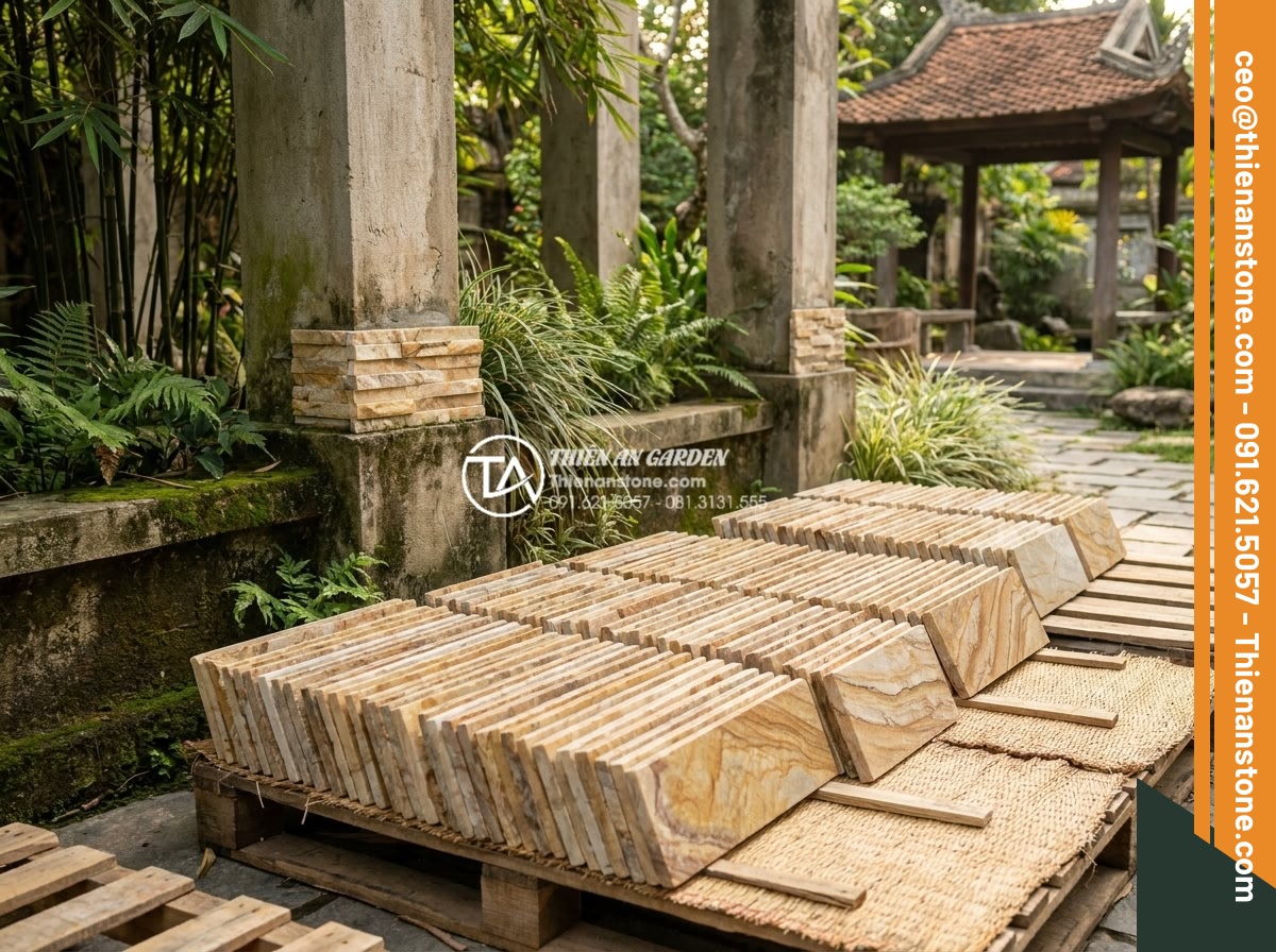 Ghép chỉ đá là gì? 5 ứng dụng tuyệt vời trong trang trí cột và chân tường - Variety of polished natural stone strips in various colors and patterns ready fo