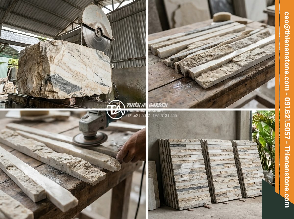 Ghép chỉ đá là gì? 5 ứng dụng tuyệt vời trong trang trí cột và chân tường - Step-by-step professional production process of natural stone inlay strips from 