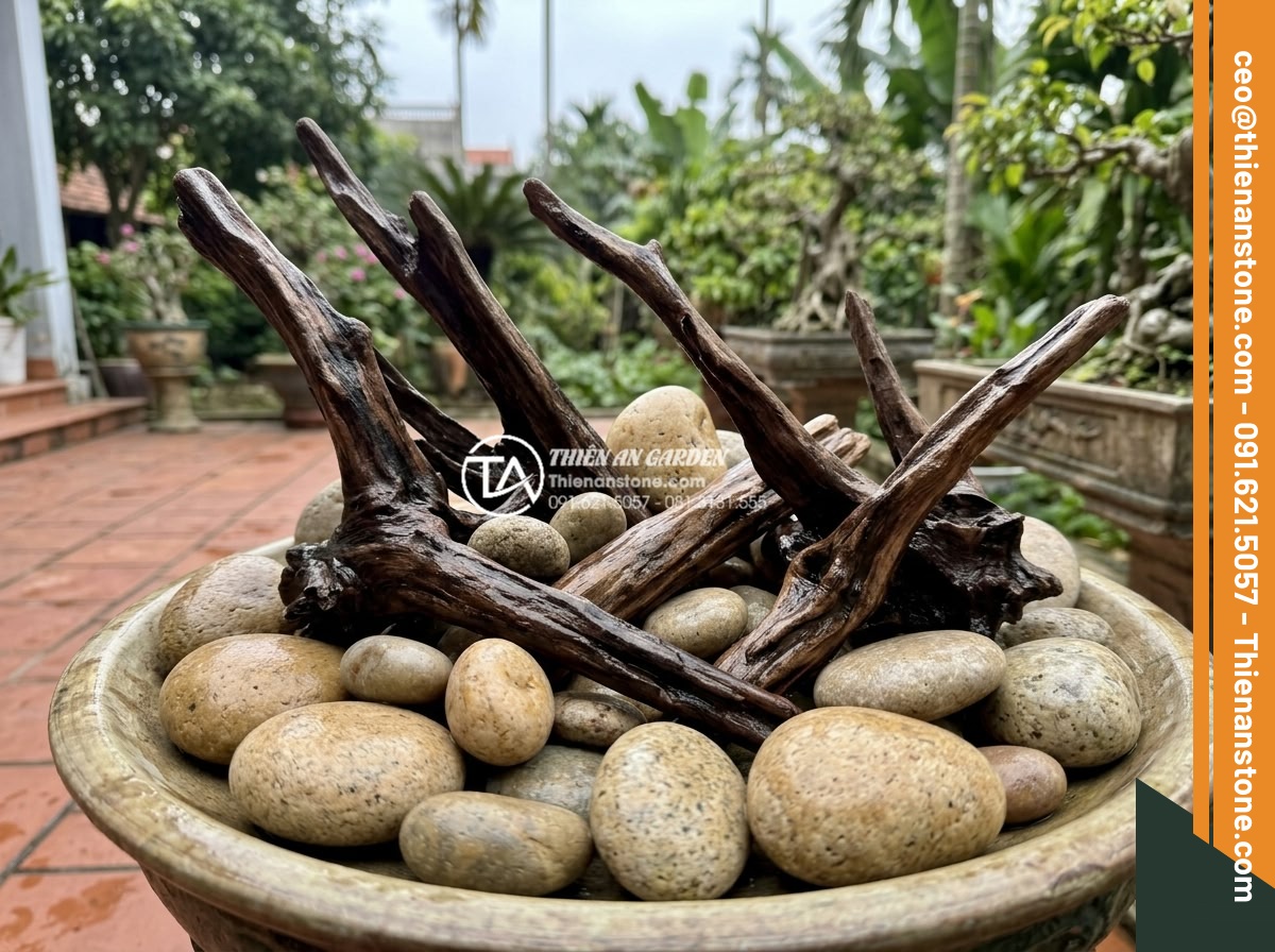 Hồ thủy sinh lũa và đá: Những lưu ý quan trọng để tránh rêu hại - Hình 10 Hồ thủy sinh lũa và đá: Những lưu ý quan trọng để tránh rêu hại - Cleaned and treated driftwood and stones ready for aquascape setup, showing wet