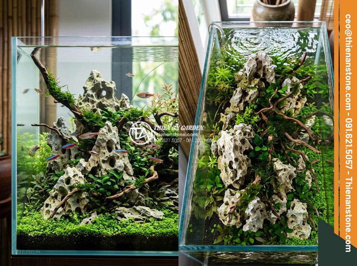 Hồ thủy sinh lũa và đá: Những lưu ý quan trọng để tránh rêu hại - Hình 12 Hồ thủy sinh lũa và đá: Những lưu ý quan trọng để tránh rêu hại - Completed aquascape with driftwood, stones, plants and fish in perfect harmony,