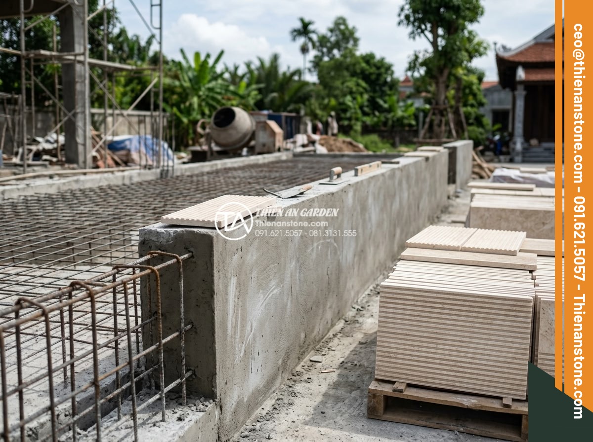 Hướng dẫn kỹ thuật ốp đá răng lược chuẩn xác, bền đẹp với thời gian - Hình 10 Hướng dẫn kỹ thuật ốp đá răng lược chuẩn xác, bền đẹp với thời gian - Construction site showing reinforced steel mesh and leveled concrete wall ready