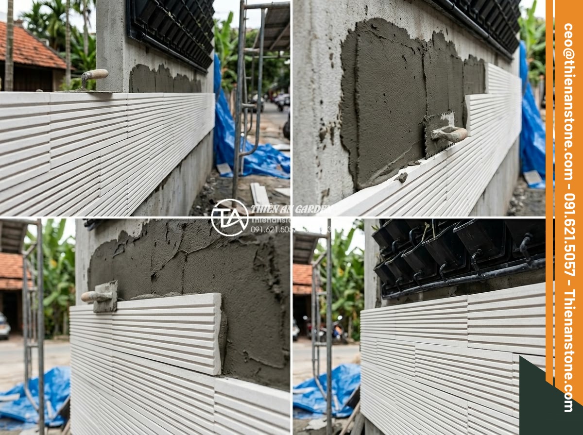 Hướng dẫn kỹ thuật ốp đá răng lược chuẩn xác, bền đẹp với thời gian - Hình 11 Hướng dẫn kỹ thuật ốp đá răng lược chuẩn xác, bền đẹp với thời gian - Step by step process photos of workers installing comb tooth stones row by row o