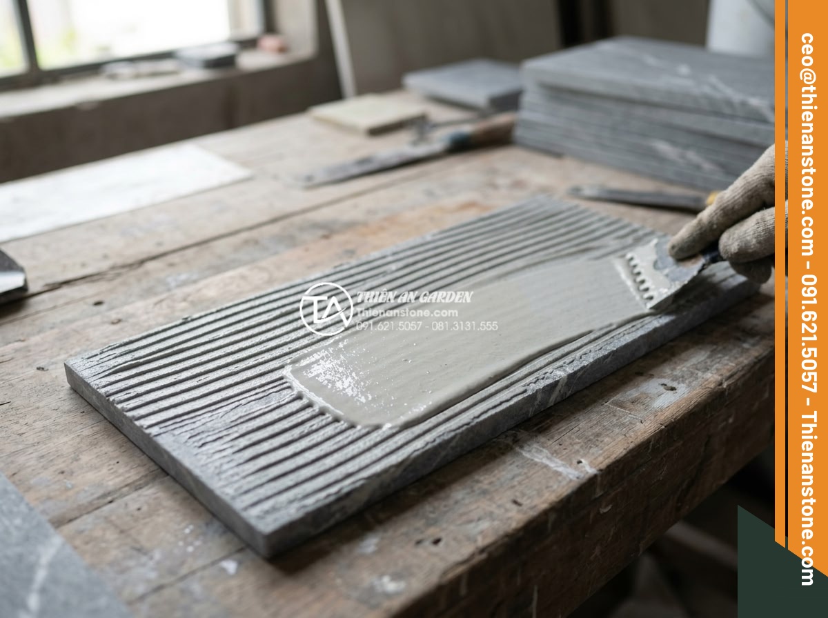 Hướng dẫn kỹ thuật ốp đá răng lược chuẩn xác, bền đẹp với thời gian - Hình 13 Hướng dẫn kỹ thuật ốp đá răng lược chuẩn xác, bền đẹp với thời gian - Close-up of high-quality epoxy adhesive being applied evenly to the back of a si