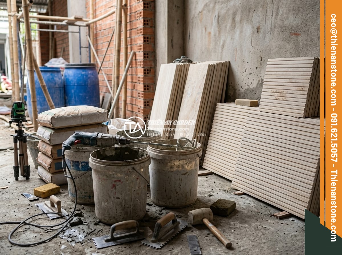 Hướng dẫn kỹ thuật ốp đá răng lược chuẩn xác, bền đẹp với thời gian - Hình 14 Hướng dẫn kỹ thuật ốp đá răng lược chuẩn xác, bền đẹp với thời gian - Mixing station showing professional mortar and adhesive preparation for natural