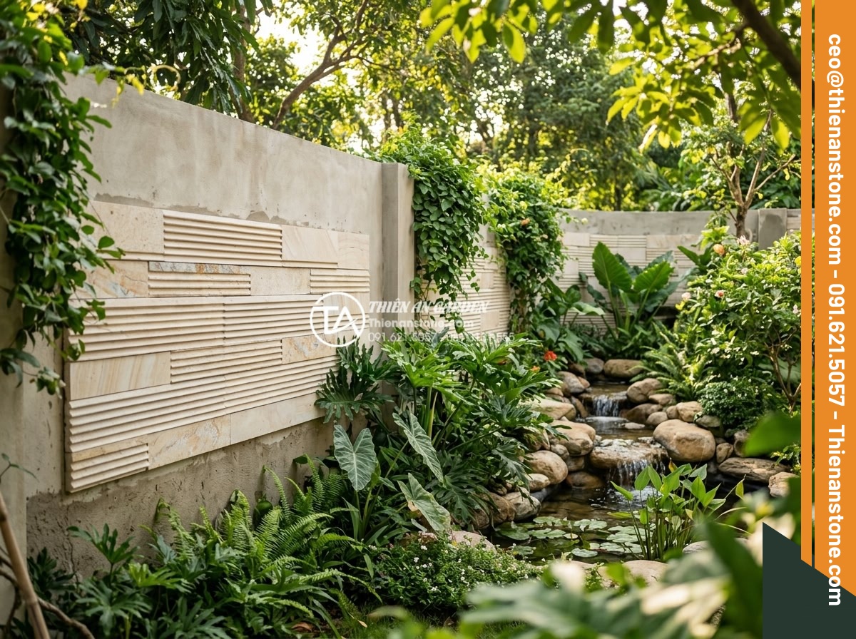 Hướng dẫn kỹ thuật ốp đá răng lược chuẩn xác, bền đẹp với thời gian - Hình 2 Hướng dẫn kỹ thuật ốp đá răng lược chuẩn xác, bền đẹp với thời gian - Wide angle view of landscaped garden wall partially covered with installed comb
