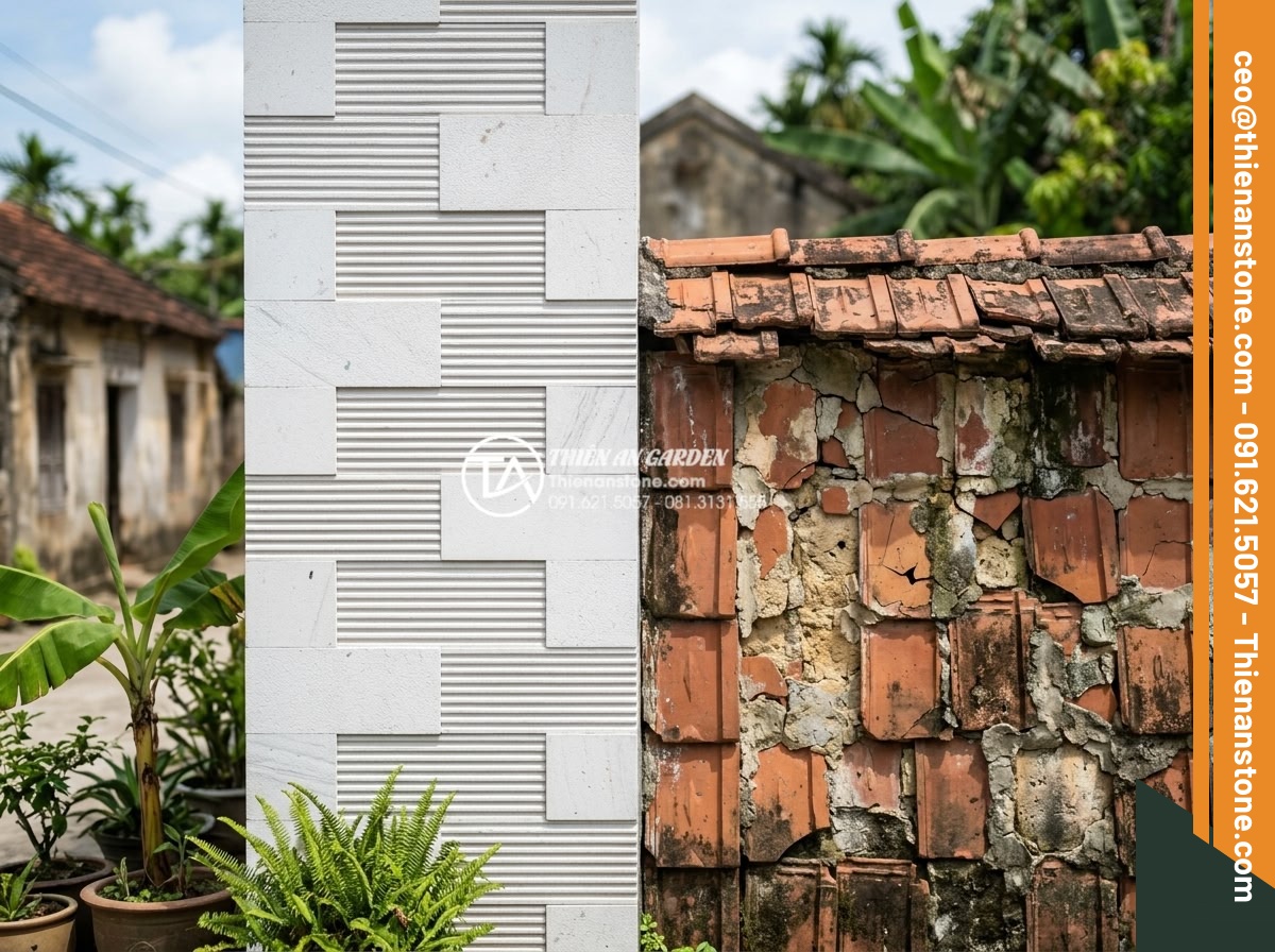Hướng dẫn kỹ thuật ốp đá răng lược chuẩn xác, bền đẹp với thời gian - Hình 3 Hướng dẫn kỹ thuật ốp đá răng lược chuẩn xác, bền đẹp với thời gian - Comparison photo showing durability of comb tooth stone wall after years of outd
