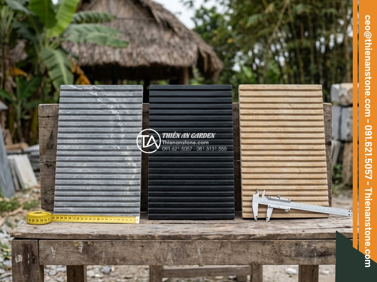 Hướng dẫn kỹ thuật ốp đá răng lược chuẩn xác, bền đẹp với thời gian - Hình 5 Hướng dẫn kỹ thuật ốp đá răng lược chuẩn xác, bền đẹp với thời gian - Variety of comb tooth stone samples in different colors gray black and beige dis