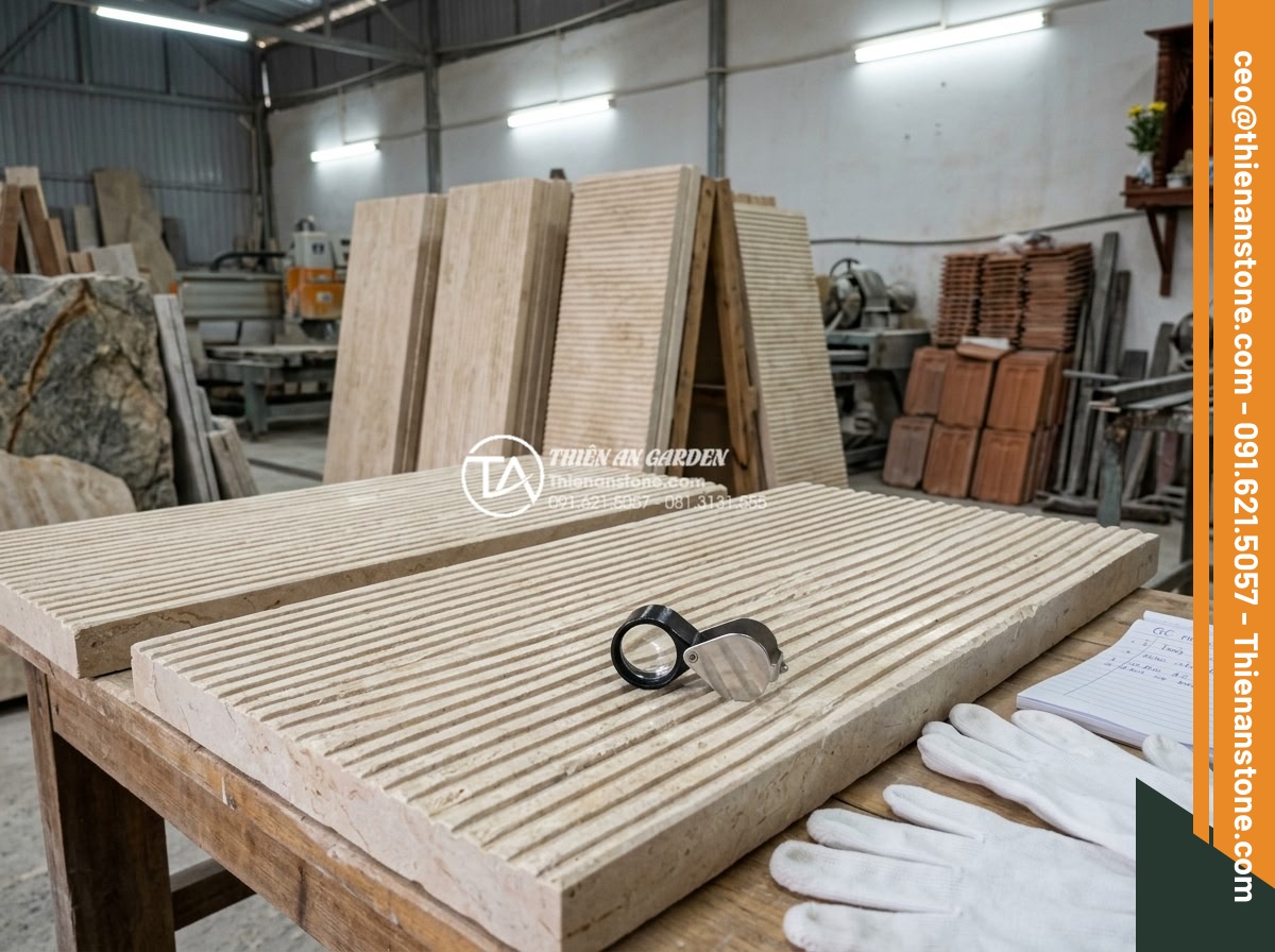 Hướng dẫn kỹ thuật ốp đá răng lược chuẩn xác, bền đẹp với thời gian - Hình 6 Hướng dẫn kỹ thuật ốp đá răng lược chuẩn xác, bền đẹp với thời gian - Professional stone expert examining quality of tooth comb natural rock slabs und