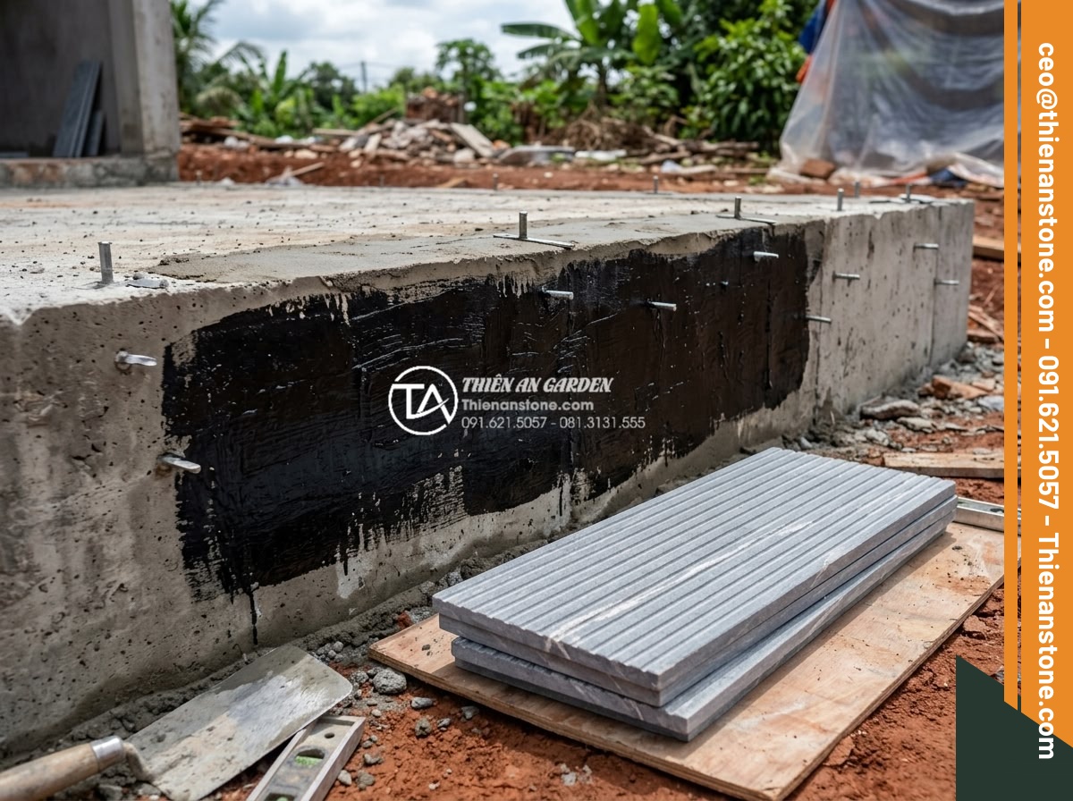 Hướng dẫn kỹ thuật ốp đá răng lược chuẩn xác, bền đẹp với thời gian - Hình 9 Hướng dẫn kỹ thuật ốp đá răng lược chuẩn xác, bền đẹp với thời gian - Detailed view of concrete foundation base being leveled and waterproofed prior t