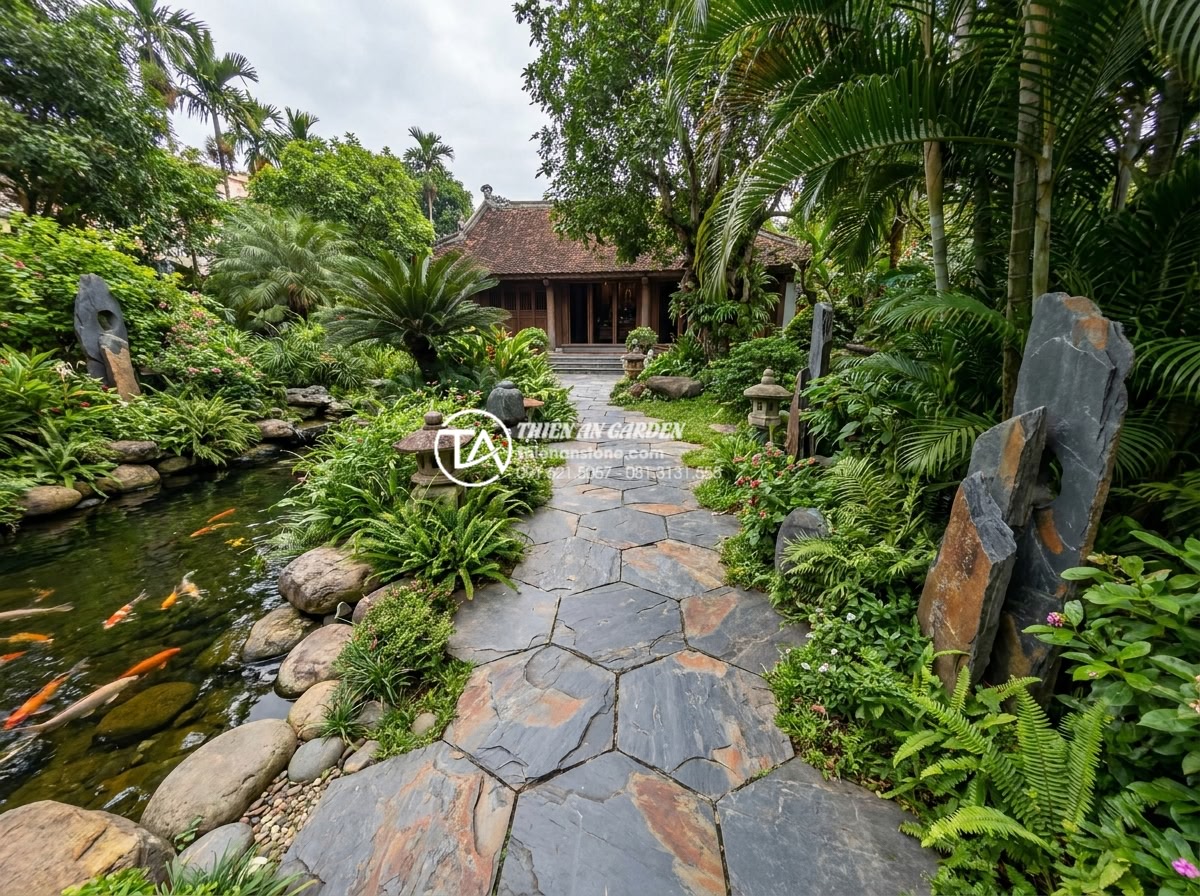 Hướng dẫn vệ sinh đá ghép tổ ong xám không bị rêu mốc, luôn bền màu - Wide angle view of gray honeycomb stone pathway in lush tropical garden design w